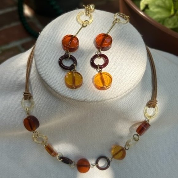 VTG Lucite Amber/Brown/Yellow/Clear Round Disc Earrings Necklace SET - Picture 1 of 6